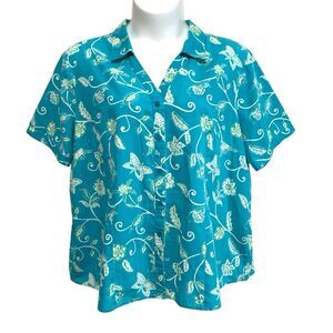 WHITE STAG Button-Up Blouse Womens Sz 22/24 Aqua Green Floral Short Sleeve